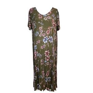 Woman Within Dress size 14 16 Green Floral Midi A Line Stretch Modest Casual